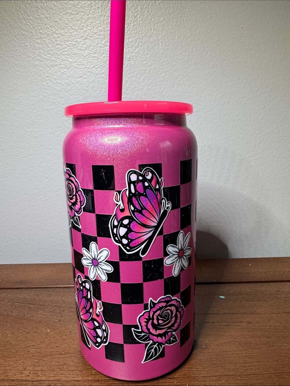 Pink and Black Floral Checkered Cup - Picture 4 of 7